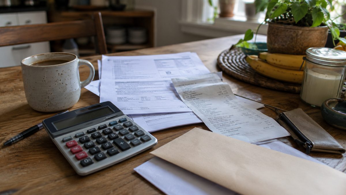 Household bills and a calculator on a kitchen table.