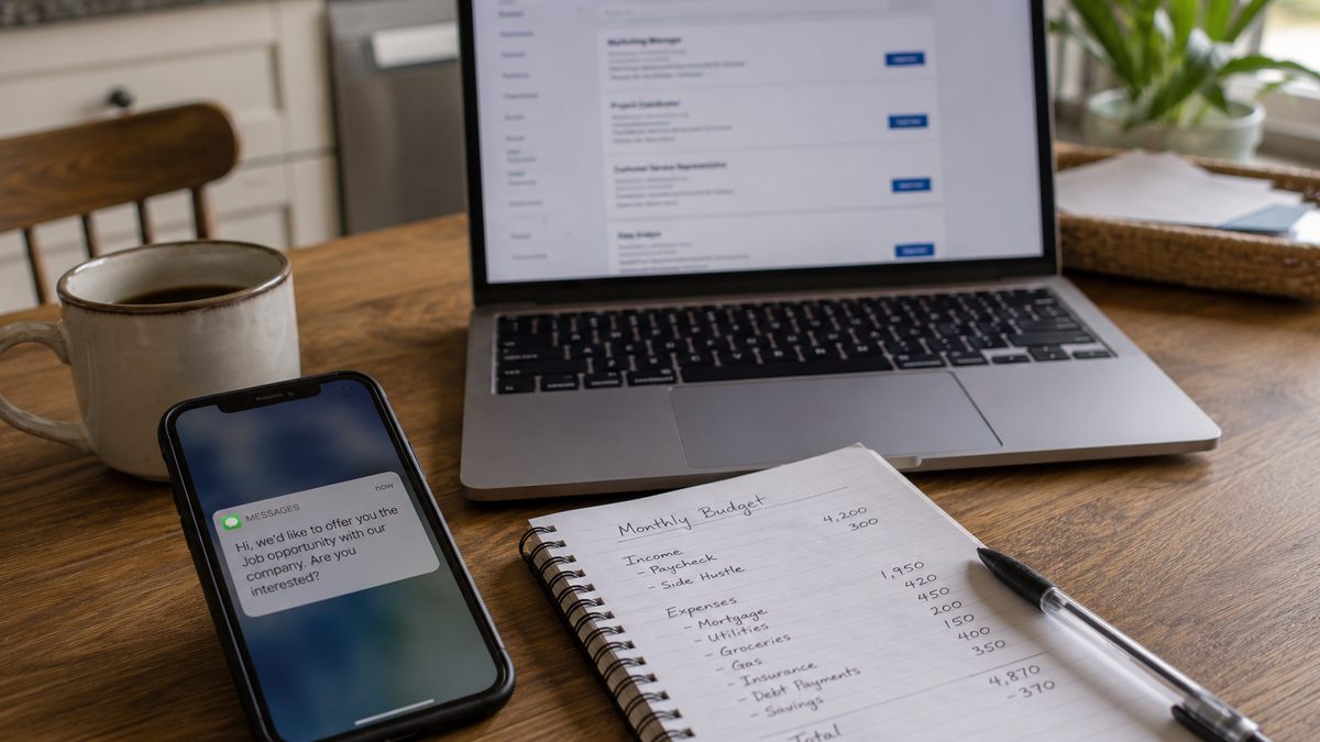 A smartphone with an unknown message sits beside job-search materials on a kitchen table.