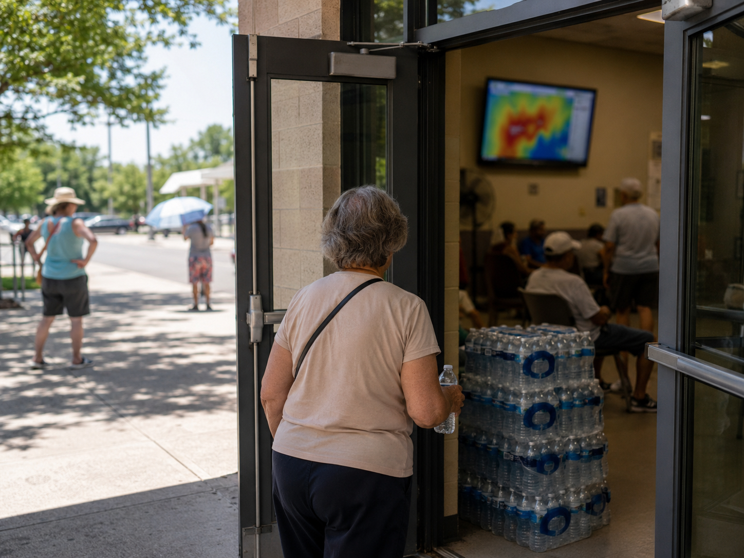 A cooling center entrance with water bottles and a blurred weather map inside.