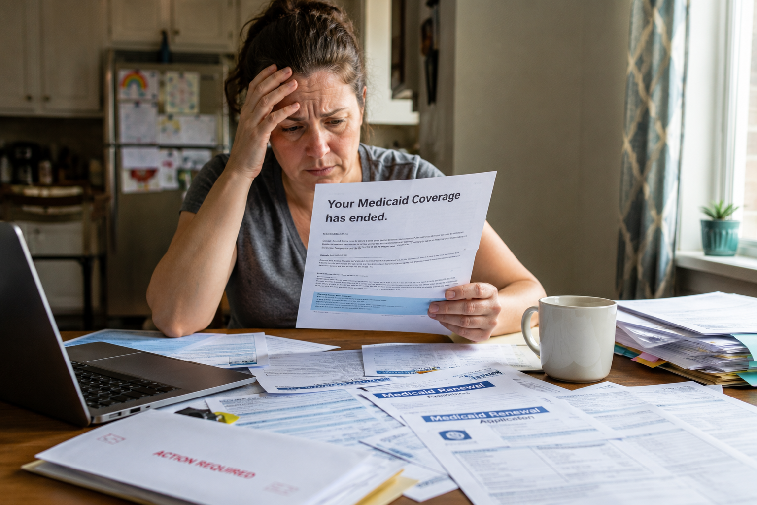 Health insurance paperwork, a calendar, and a phone sit on a kitchen table.