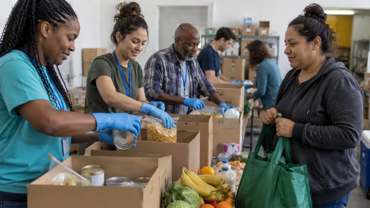 Volunteers pack grocery boxes at a community food bank while a parent waits nearby.