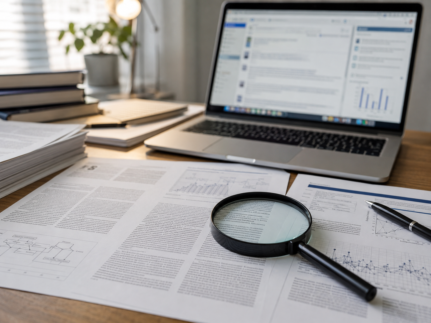 A magnifying glass over citation footnotes on printed medical research pages beside a laptop.