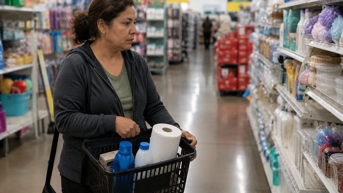 A shopper carries a small basket of basic household items in a discount store aisle.