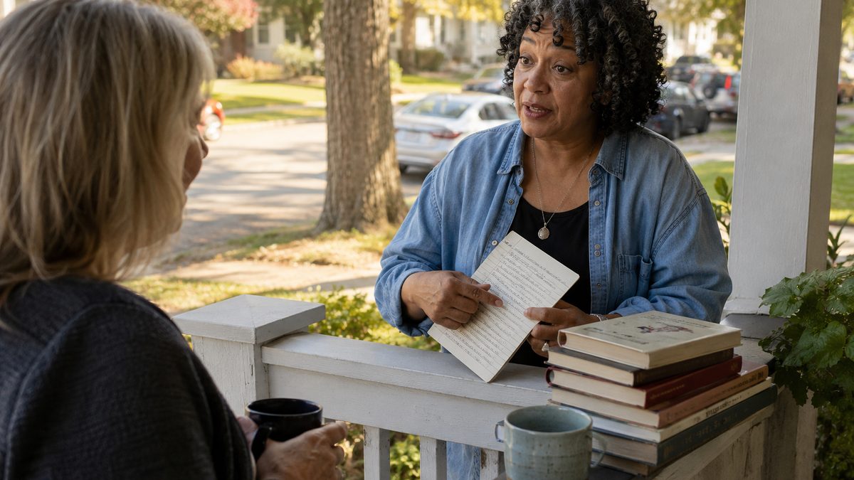 Two neighbors talking on a porch beside books, coffee, and a handwritten recommendation note.