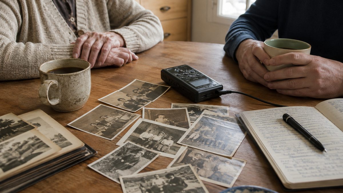 An audio recorder, old family photos, and a notebook sit on a kitchen table.
