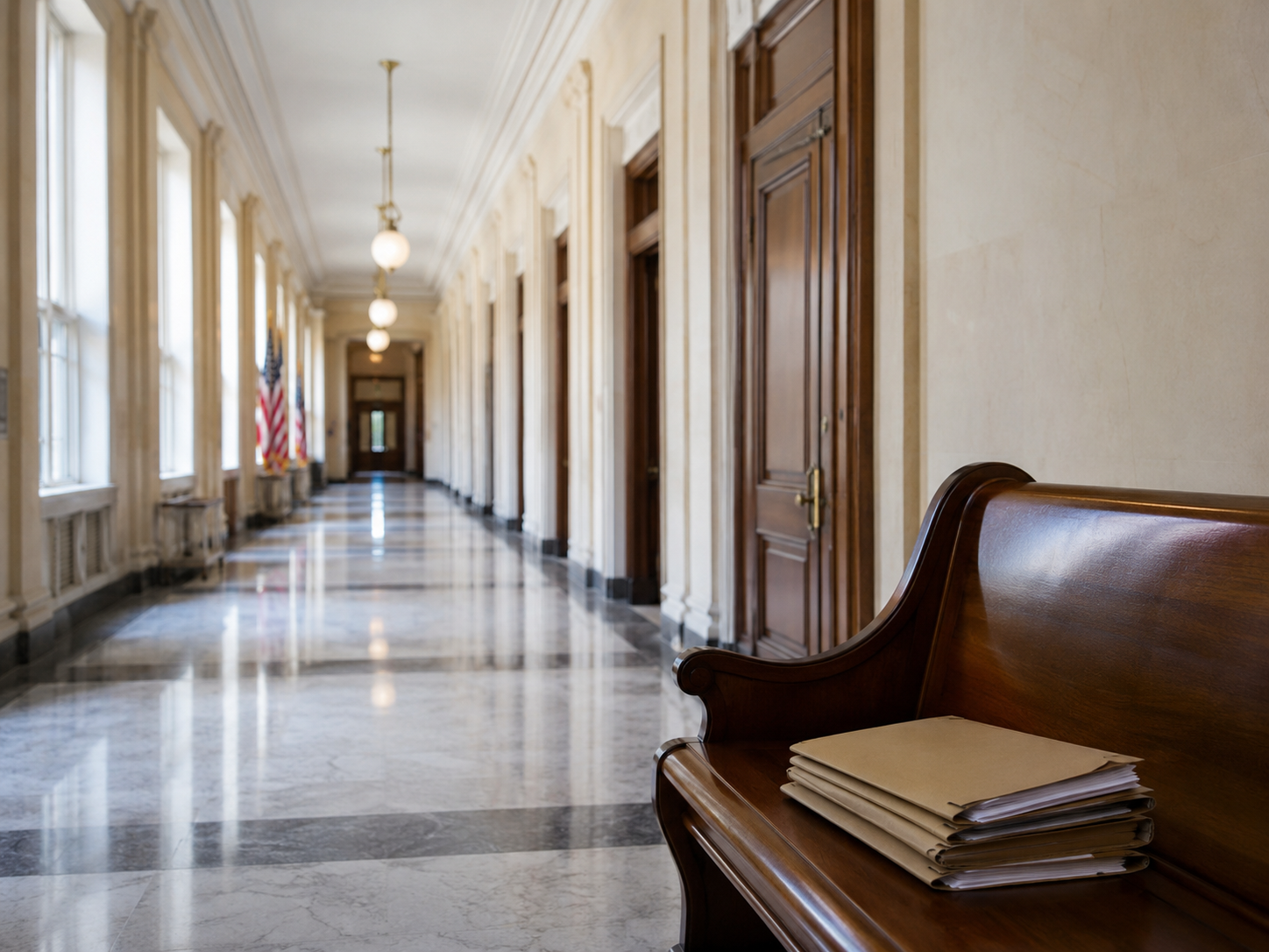 A quiet congressional hallway with folders outside hearing rooms.