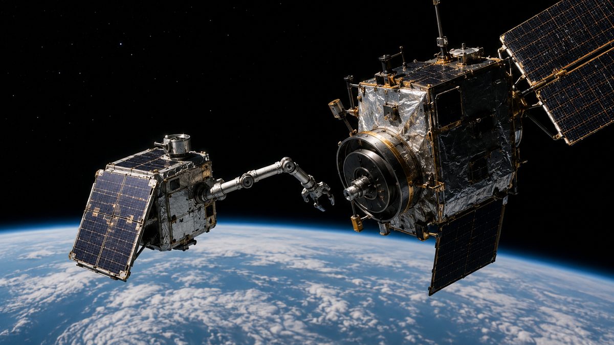 A small robotic spacecraft approaches an aging satellite in low Earth orbit.