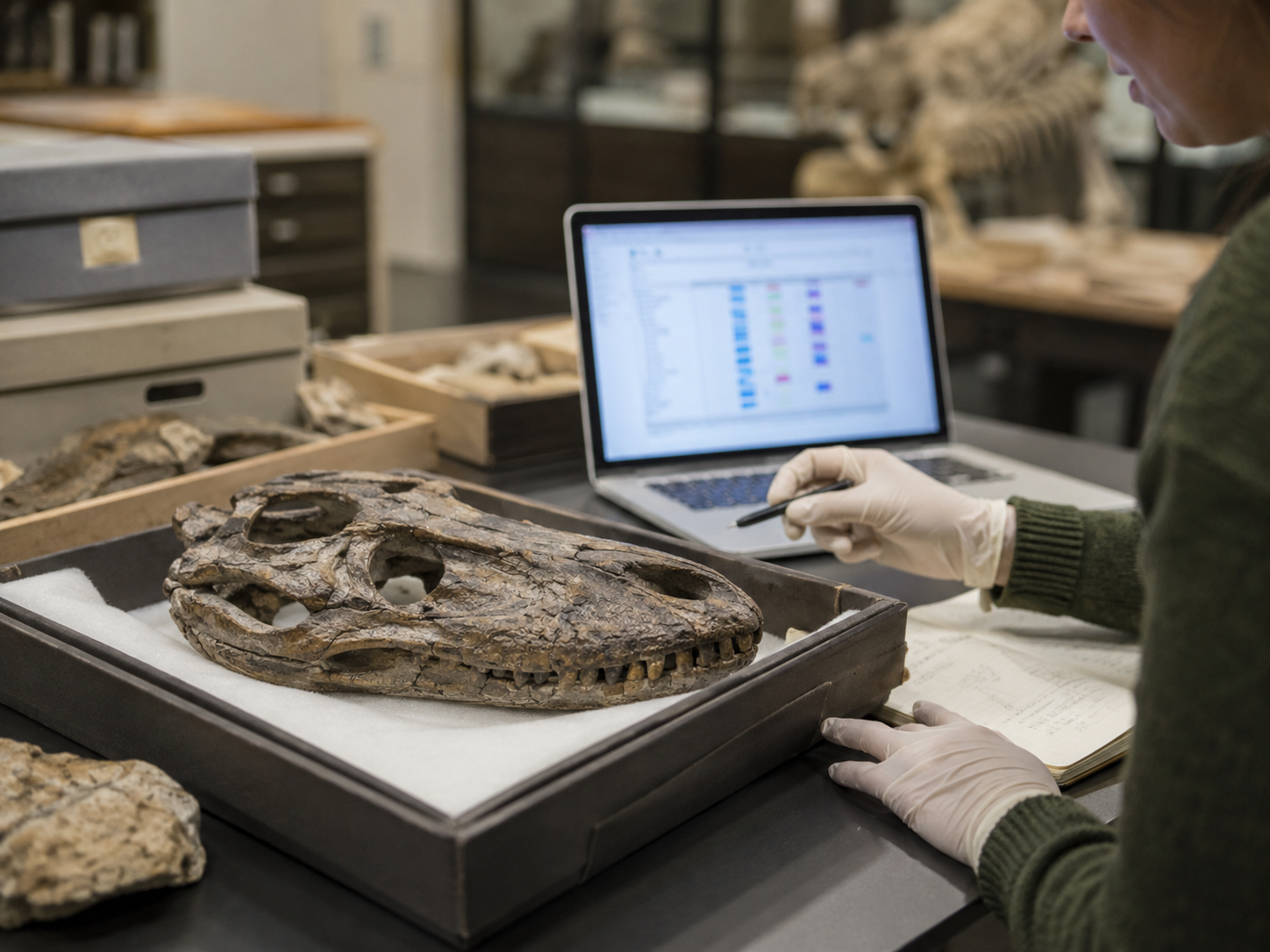 A museum research table with a reptile skull specimen and genetics materials.