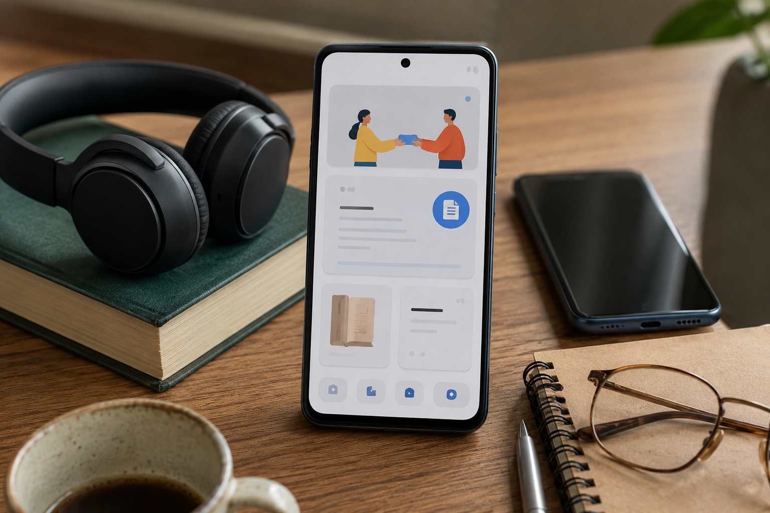 A smartphone sits beside headphones, a book and another phone on a desk.