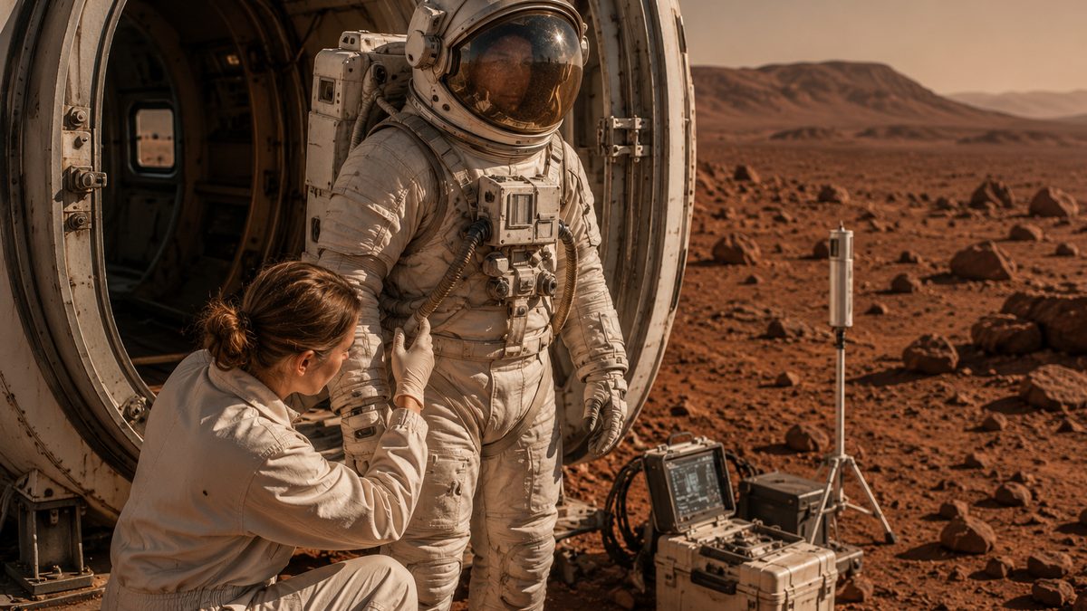 An astronaut prepares a pressurized spacesuit outside a Mars habitat before an exploration mission.
