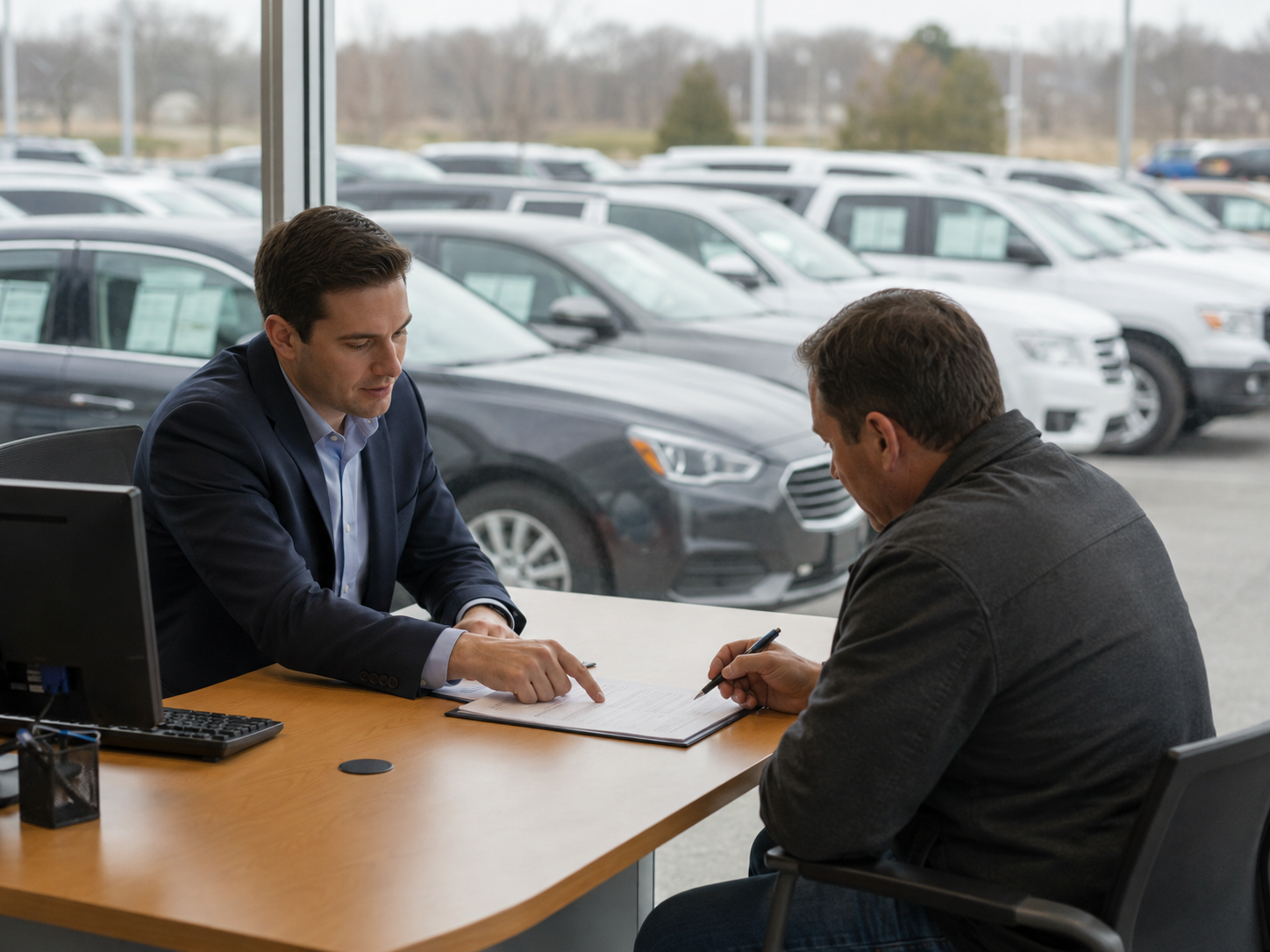 Generic car dealership lot and buyer paperwork with no visible brand logos.