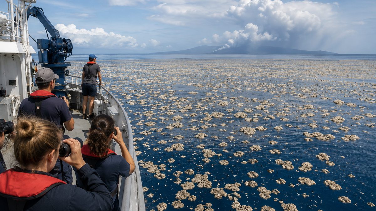 Research vessel near a large field of floating pumice in the Pacific Ocean.