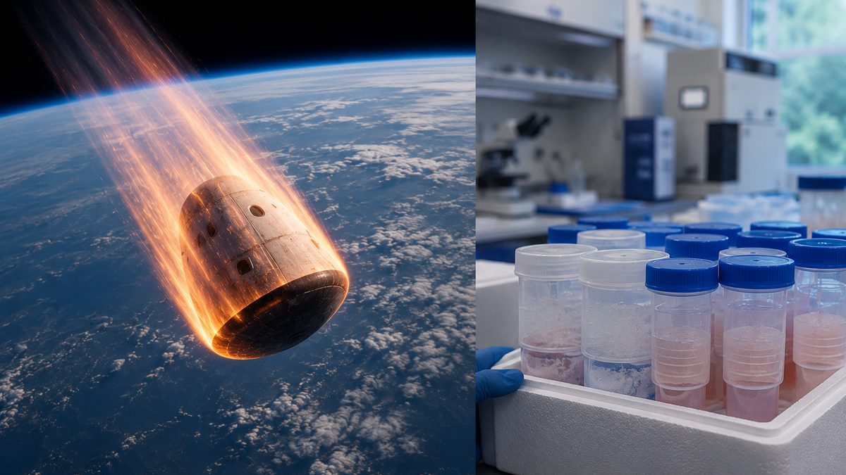 A cargo spacecraft returns to Earth as laboratory sample containers await analysis.