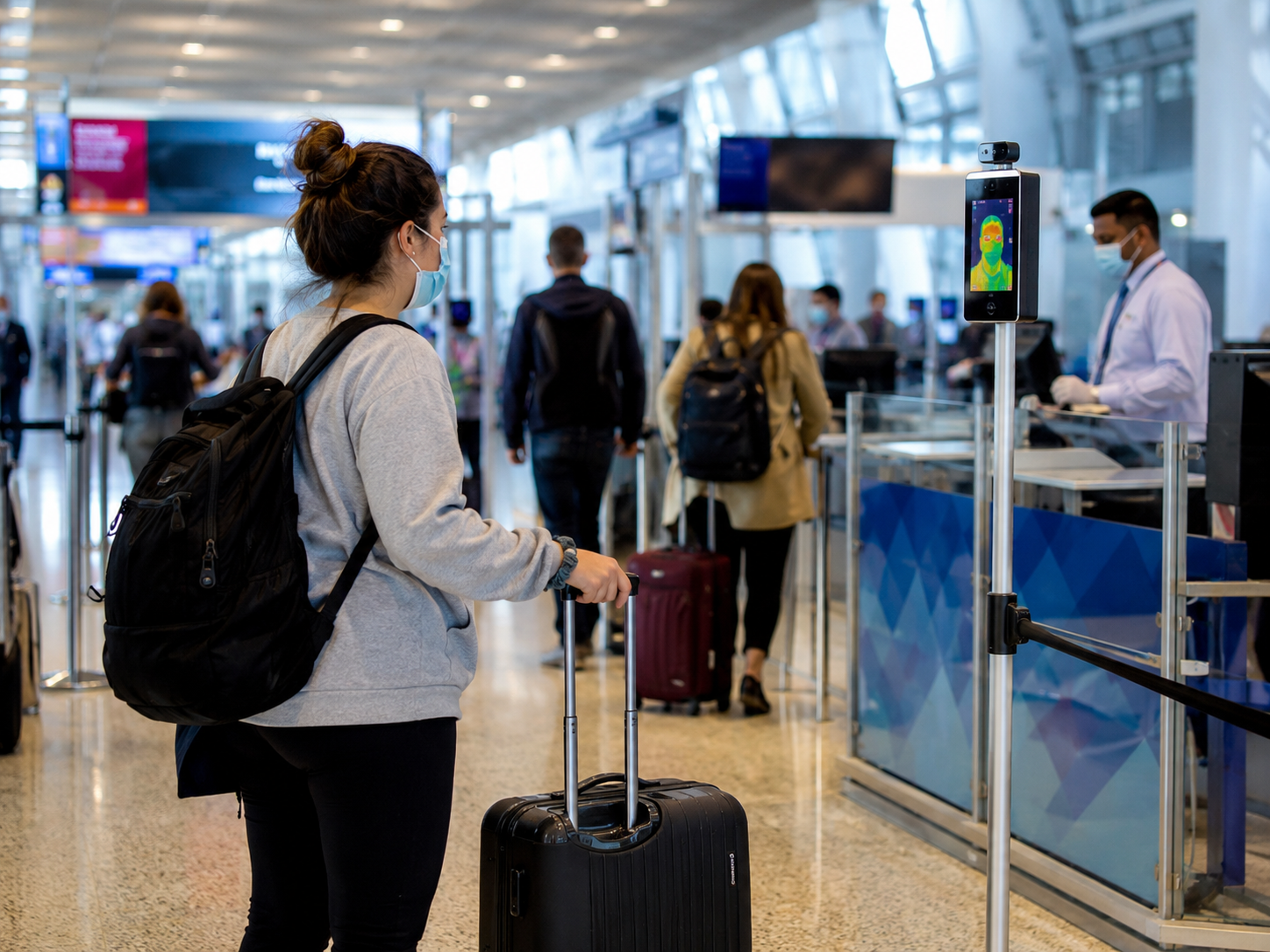 Travelers move through an airport health-screening area.