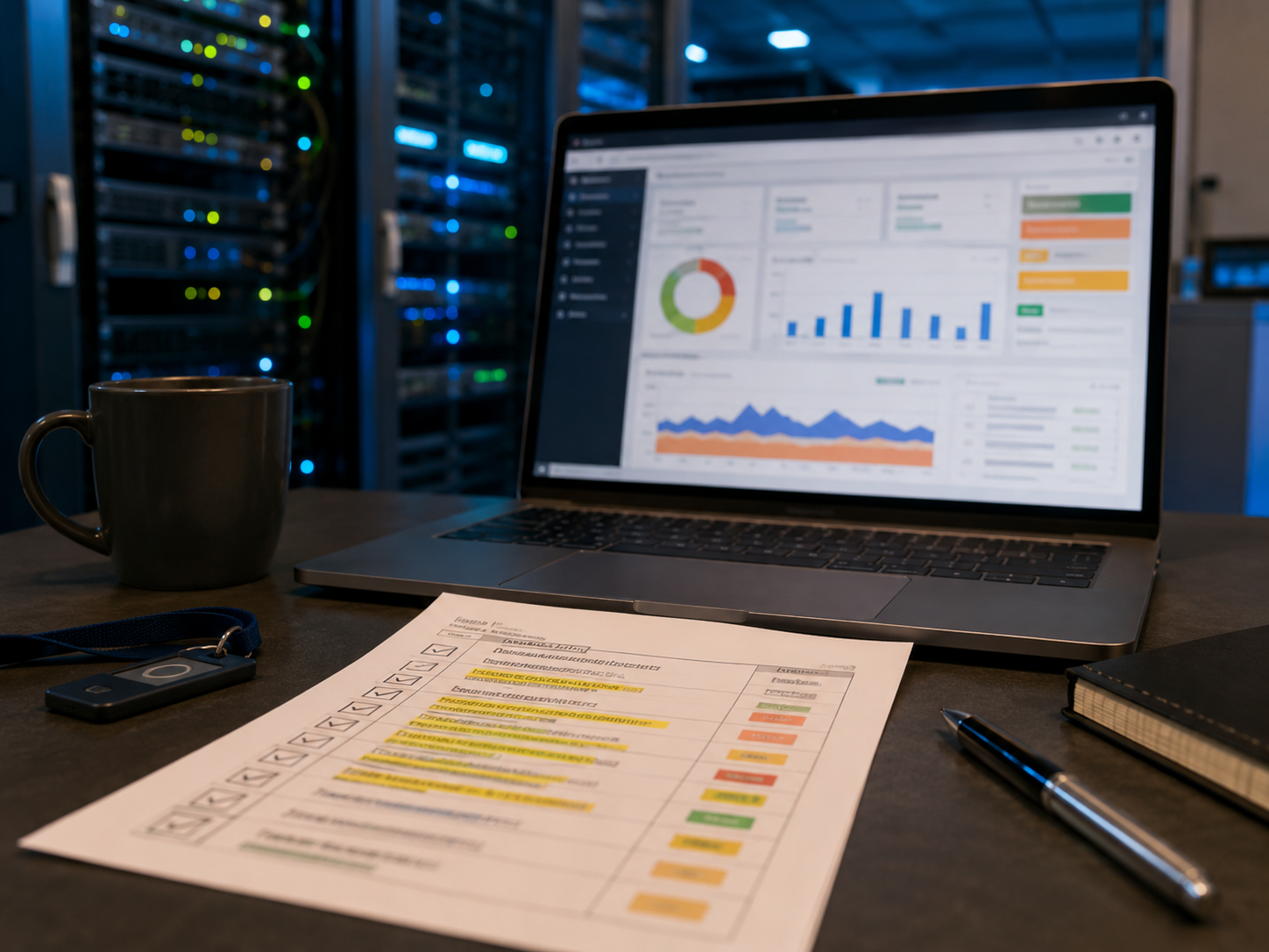 An IT security desk shows a blurred vulnerability dashboard and patch checklist.
