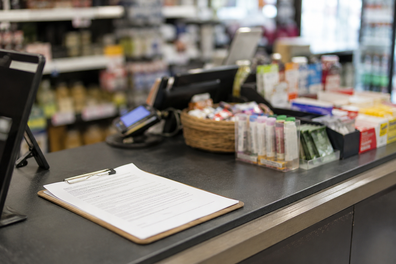Small packaged products on a store counter beside a regulatory notice.