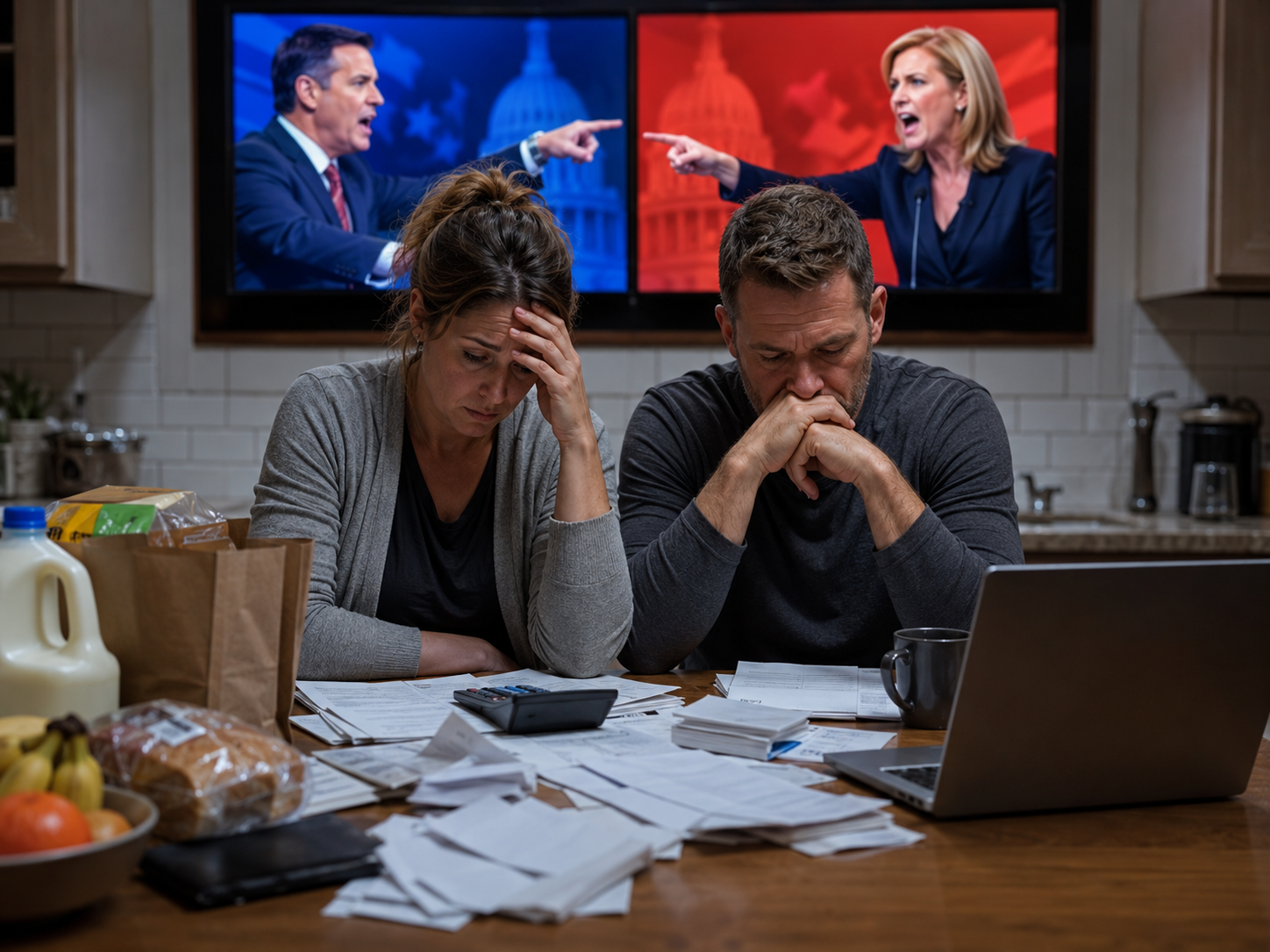 A stressed couple at a kitchen table with bills while partisan political arguments play in the background.