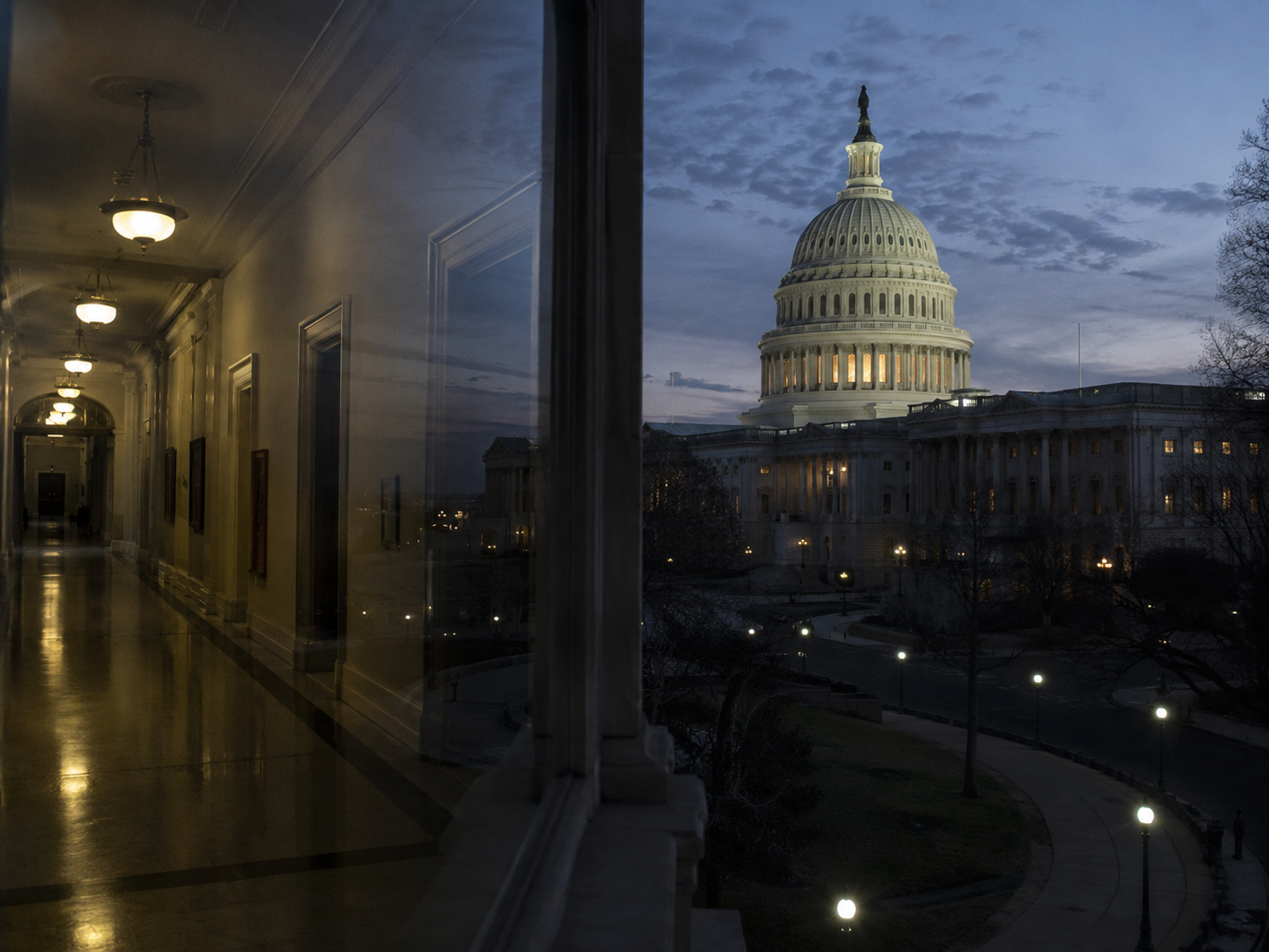 The U.S. Capitol at dusk with folders resting on a nearby bench.