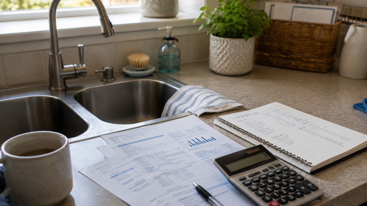 A water bill and calculator sit near a kitchen sink.