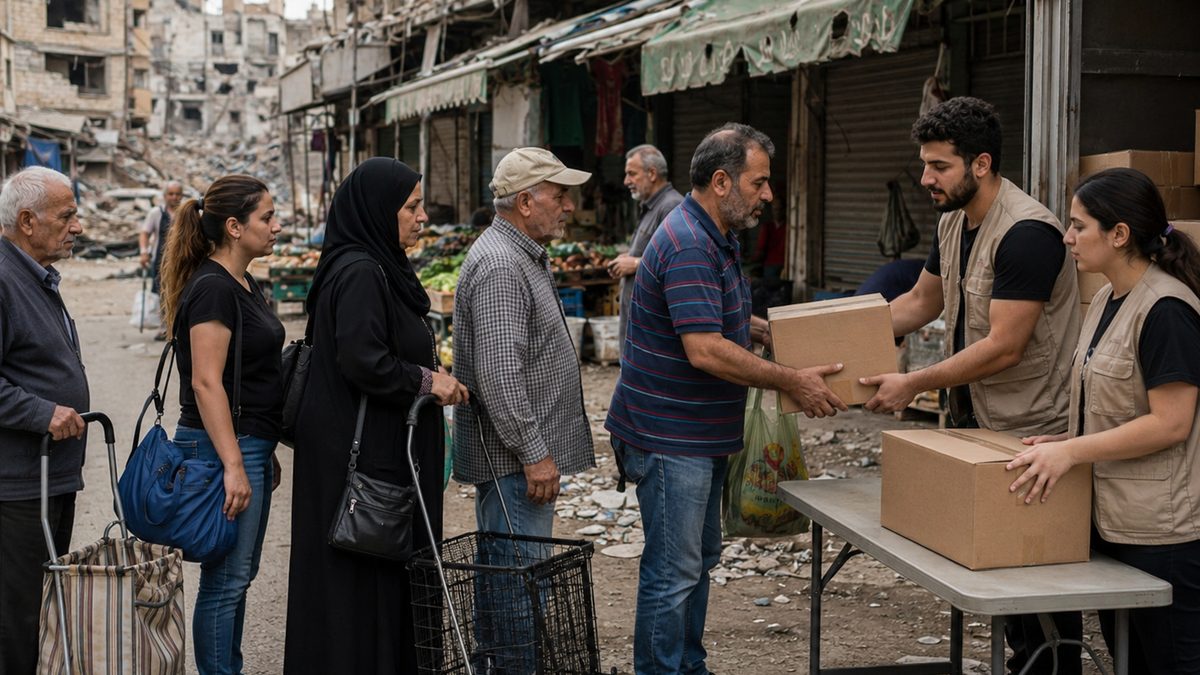 People wait near a food aid distribution point beside a disrupted market area.