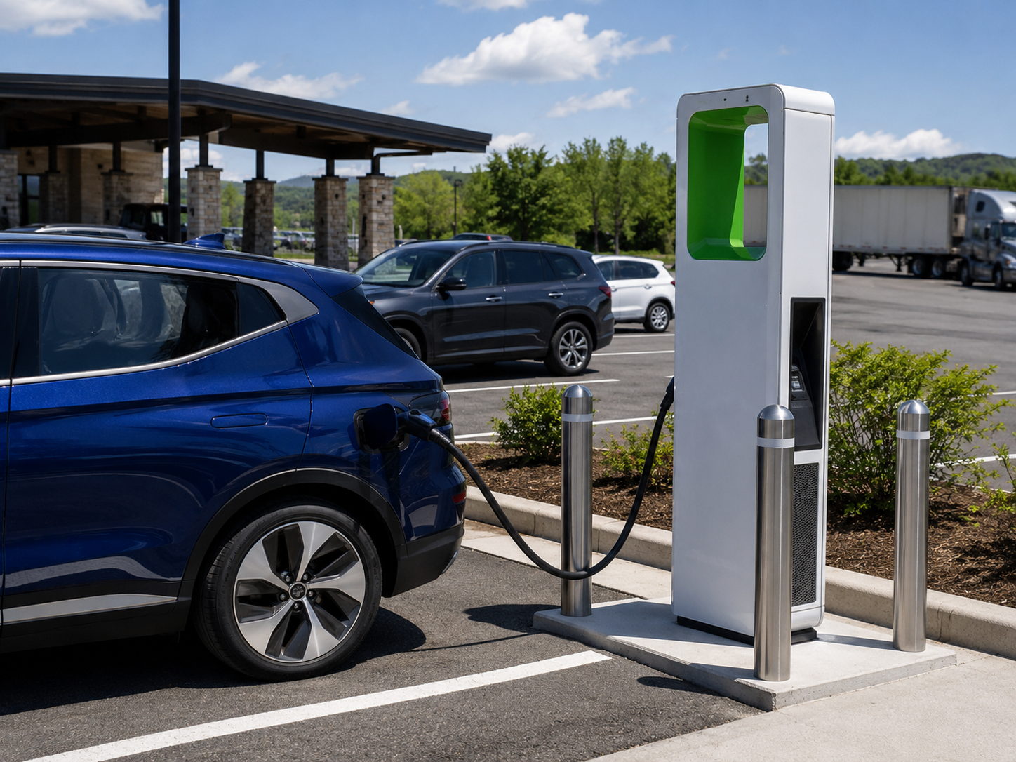 Electric vehicles charge at a highway rest stop.