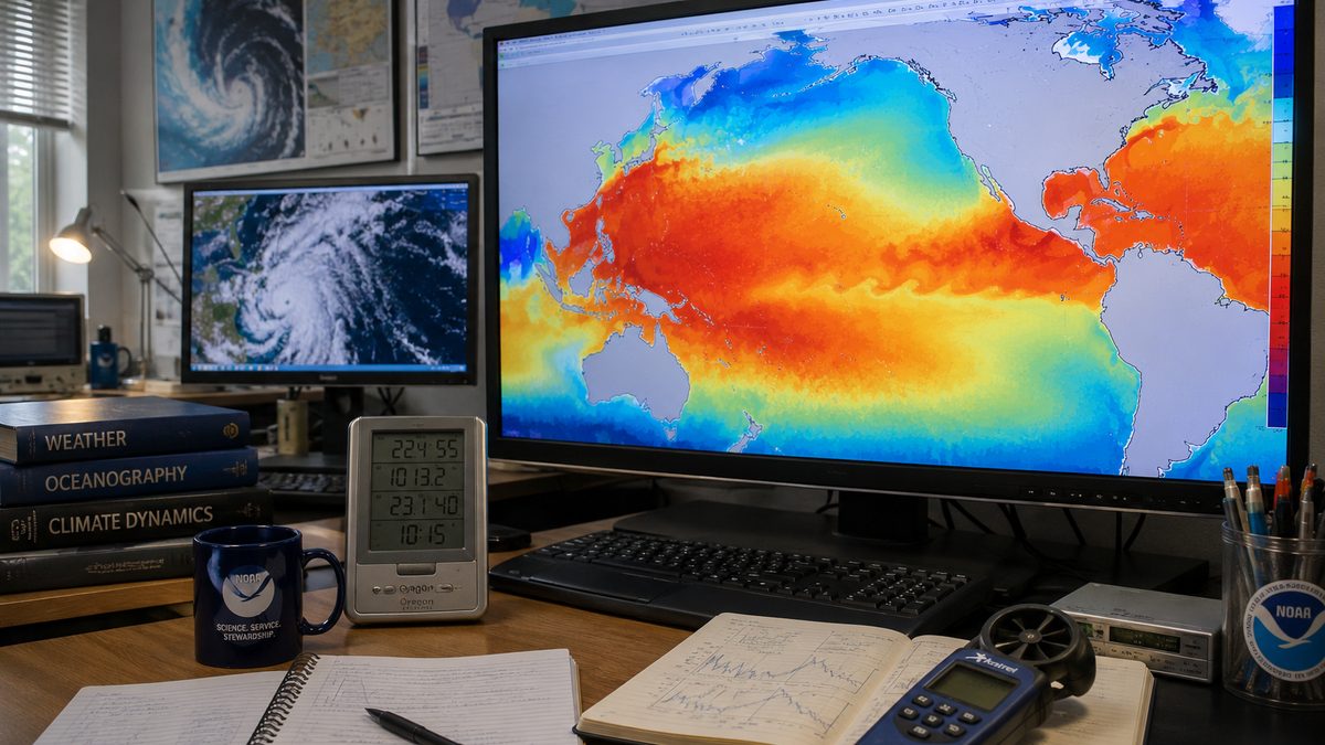 Scientists review Pacific Ocean temperature data on a workstation.