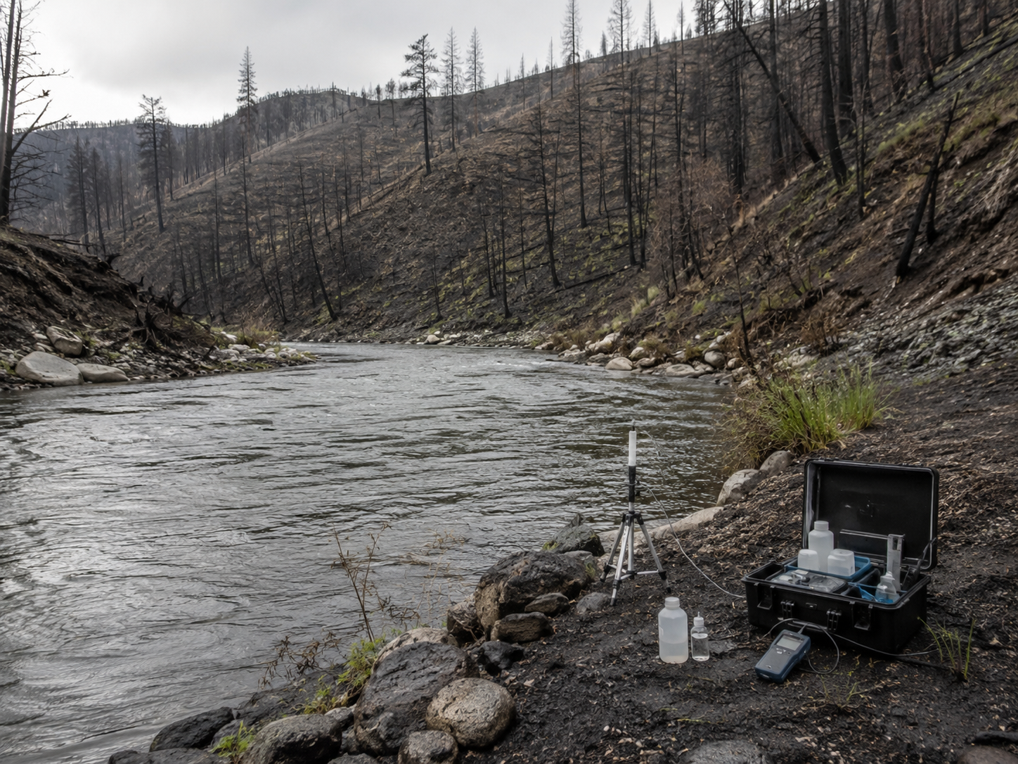 A river near a burned hillside with water-testing equipment on the bank.