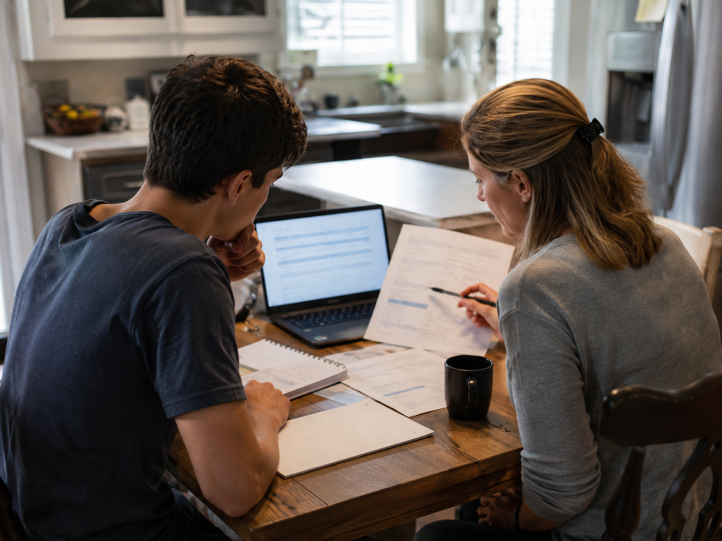 A student and parent review financial aid paperwork at a kitchen table.