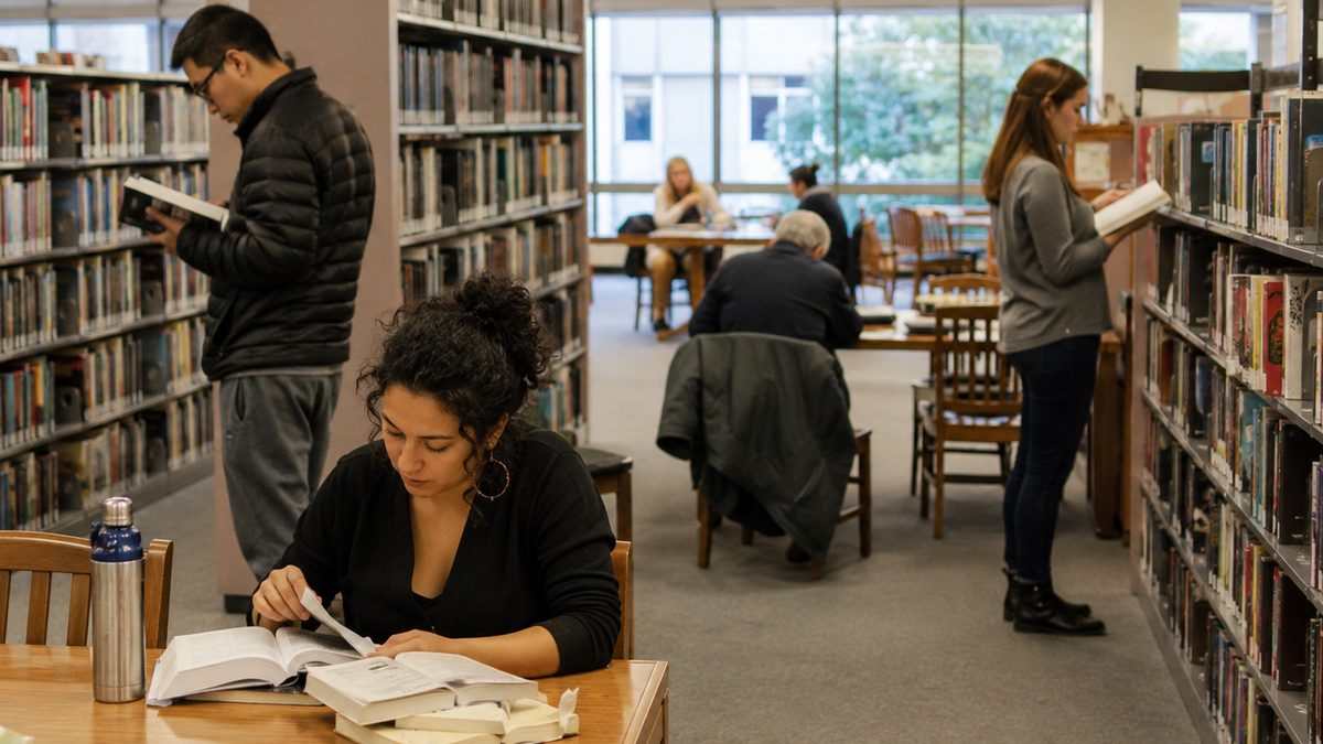 A person uses a laptop and library card at a public library table with books nearby.