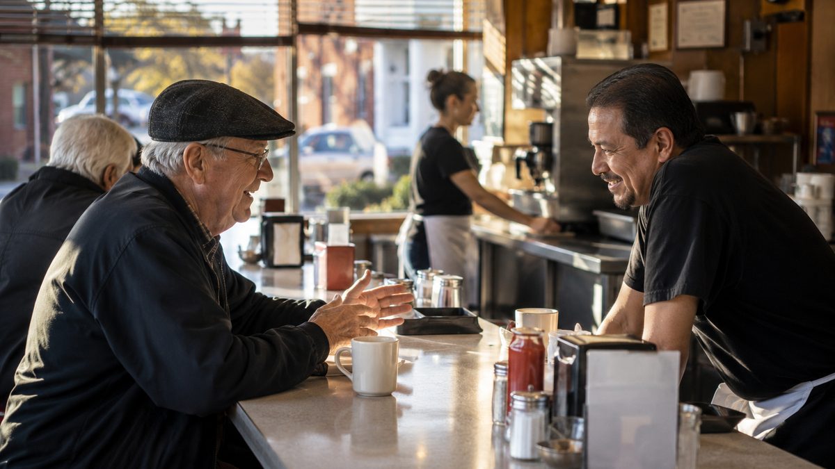 A longtime diner customer talking with an employee across a counter during breakfast hours.