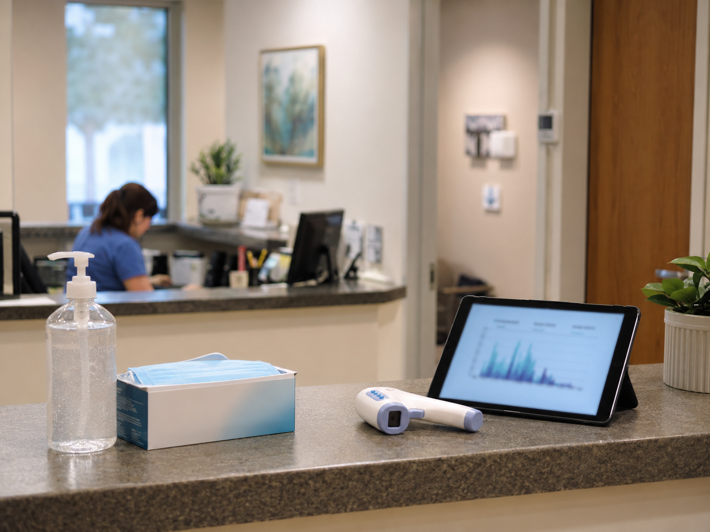 Public health materials and clinic supplies arranged beside a tablet with a blurred chart.