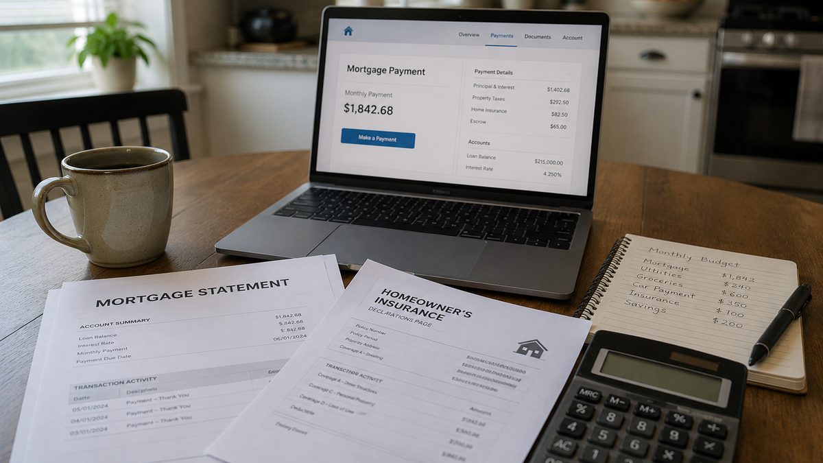 Mortgage paperwork and a calculator sit on a kitchen table.