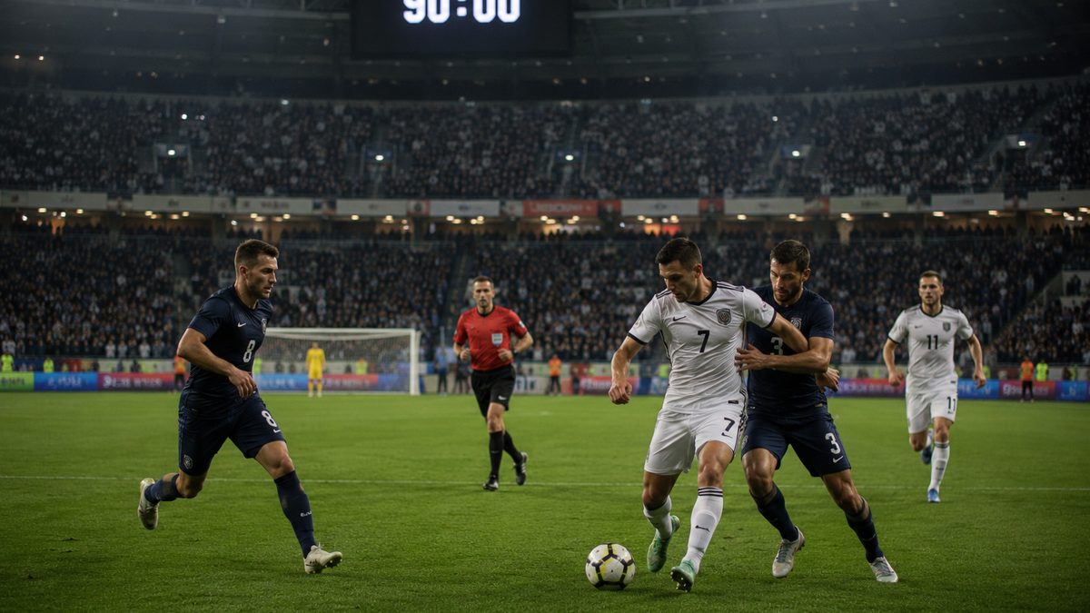 Soccer players continue a match after the stadium clock reaches 90 minutes.