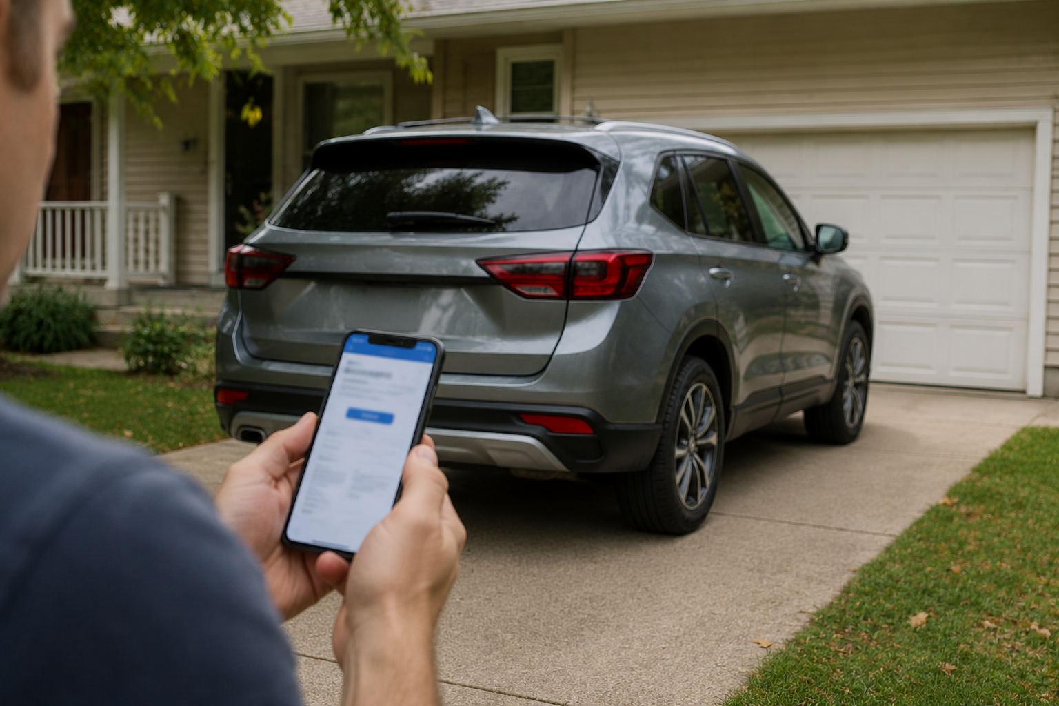 A parked SUV sits in a driveway while someone checks recall information on a phone.