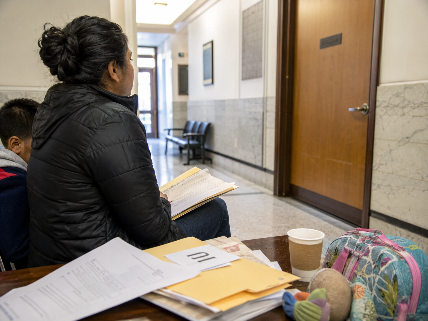 An immigration courthouse waiting area with case folders represents delayed asylum hearings.