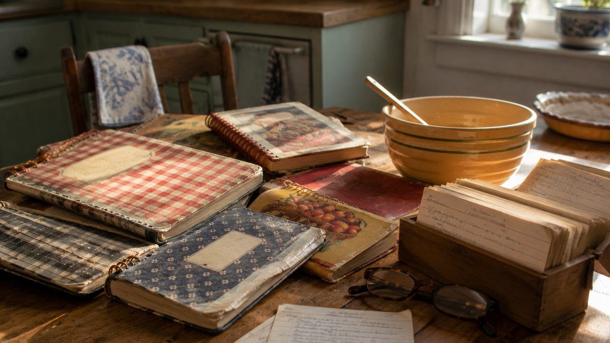 Community cookbooks and handwritten recipe cards on a kitchen table.
