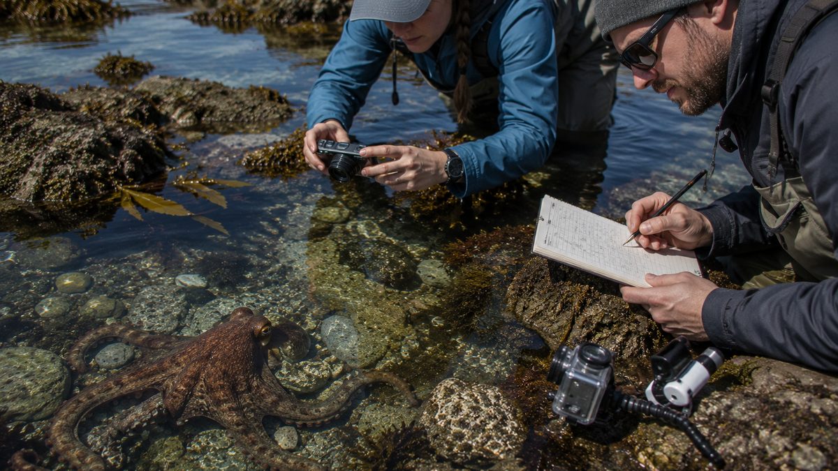 An octopus explores a rocky tide pool while marine researchers observe its behavior.
