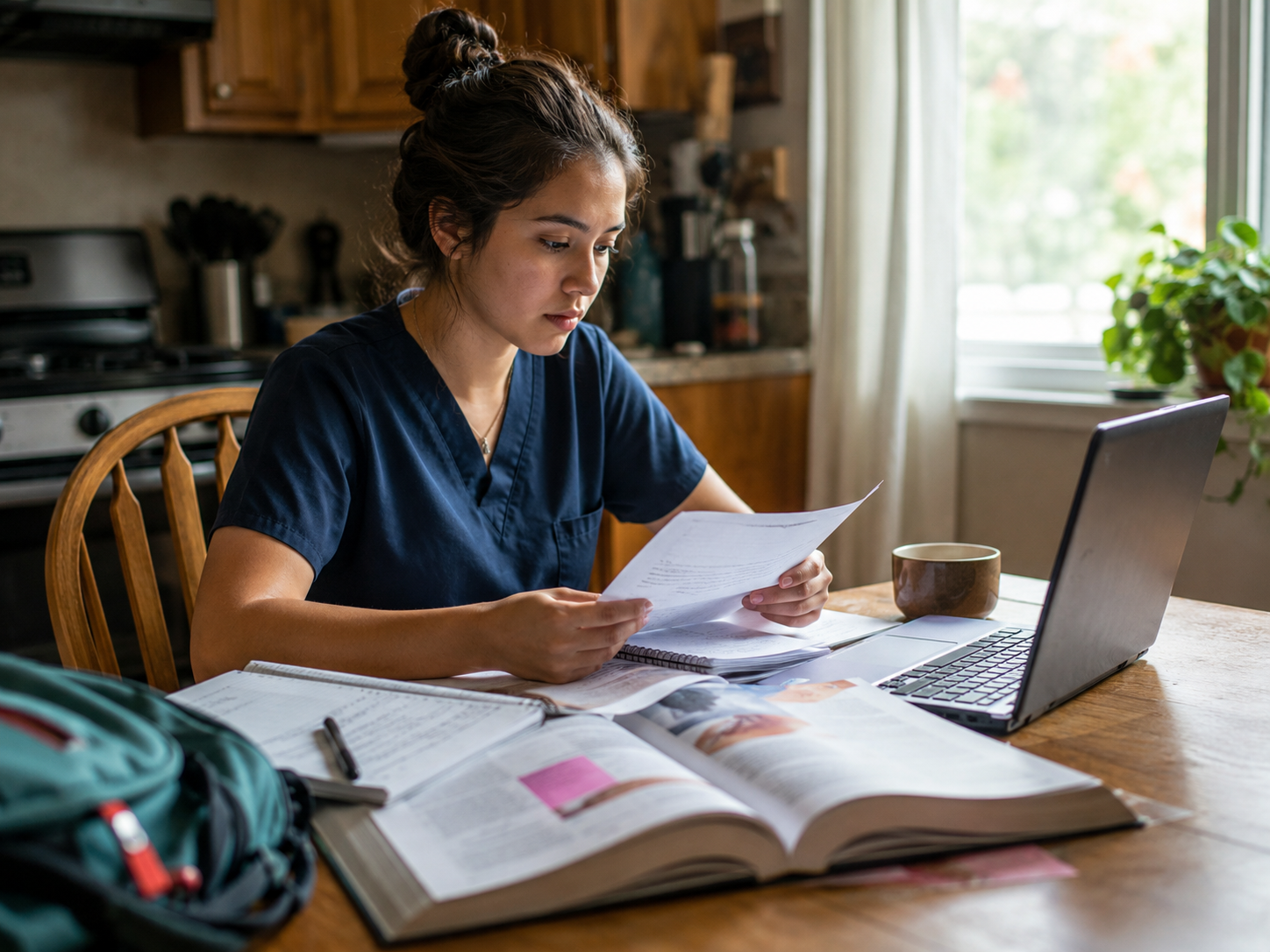 A student reviews financial aid paperwork beside health-care study materials.