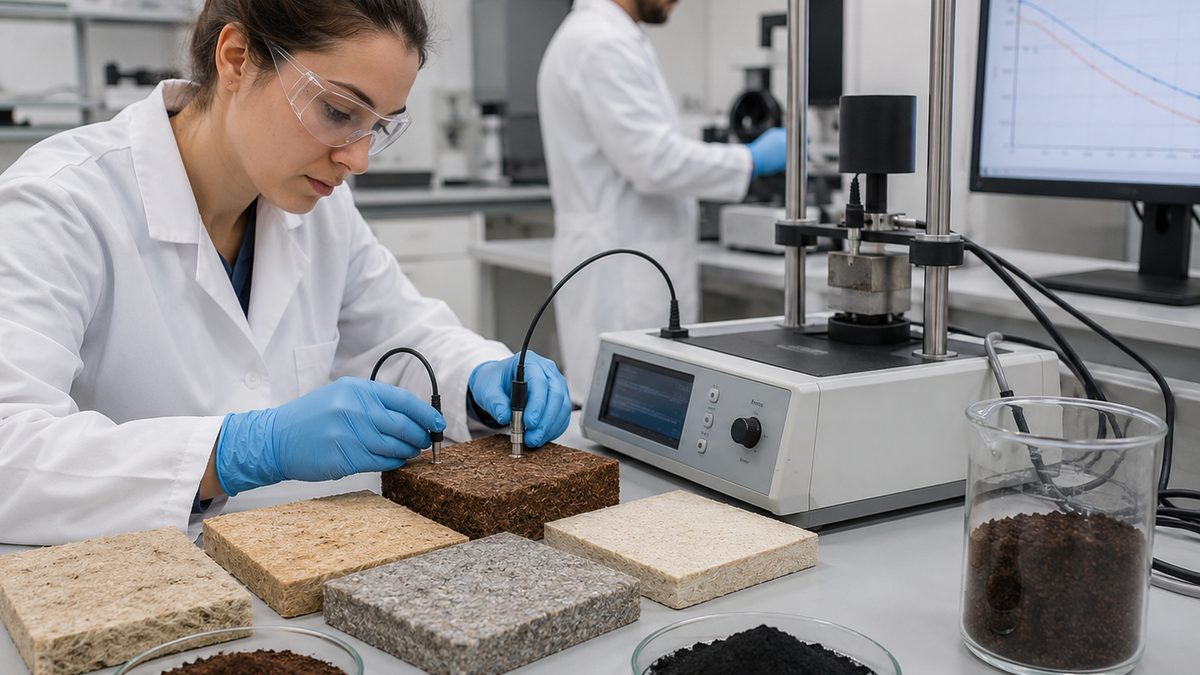 Used coffee grounds, biochar powder and small insulation sample panels are tested in a materials lab.