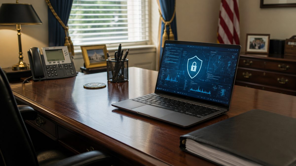 Government office desk with laptop showing abstract cybersecurity graphics.