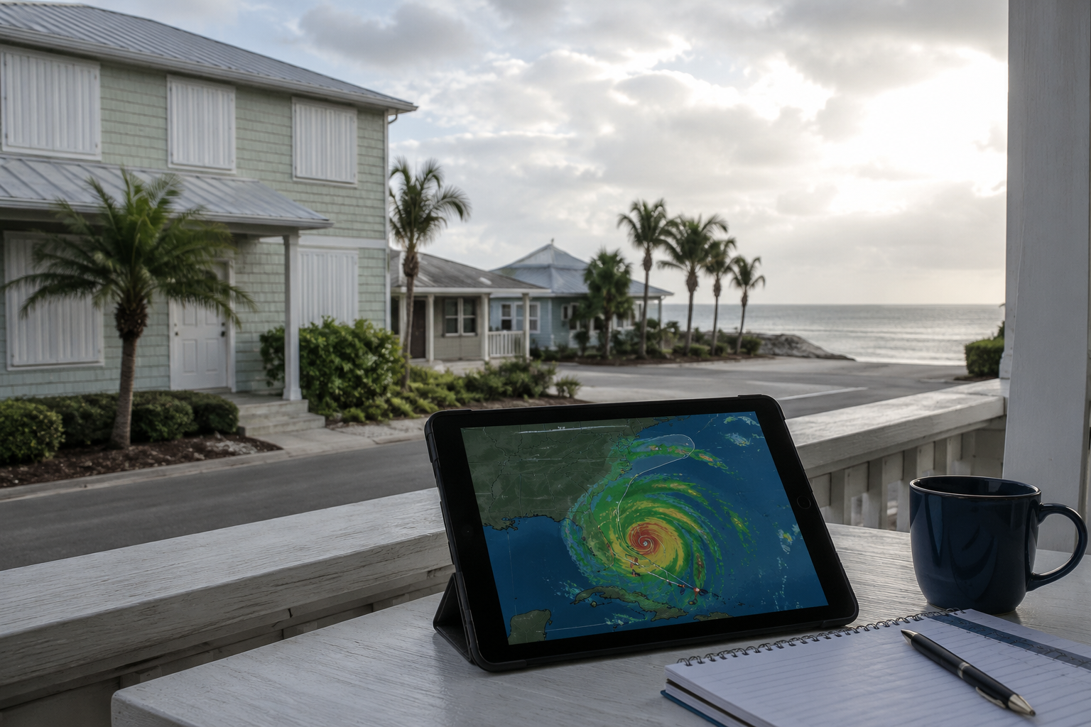 A coastal neighborhood prepared for hurricane season with a weather map nearby.