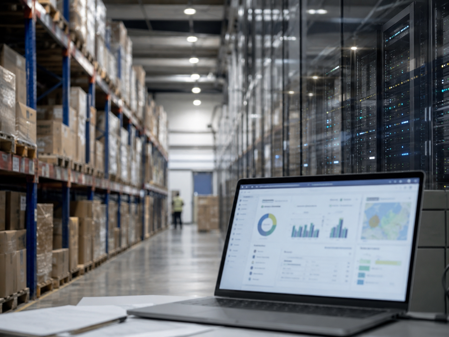 Generic warehouse and cloud-computing imagery representing Amazon’s business mix.