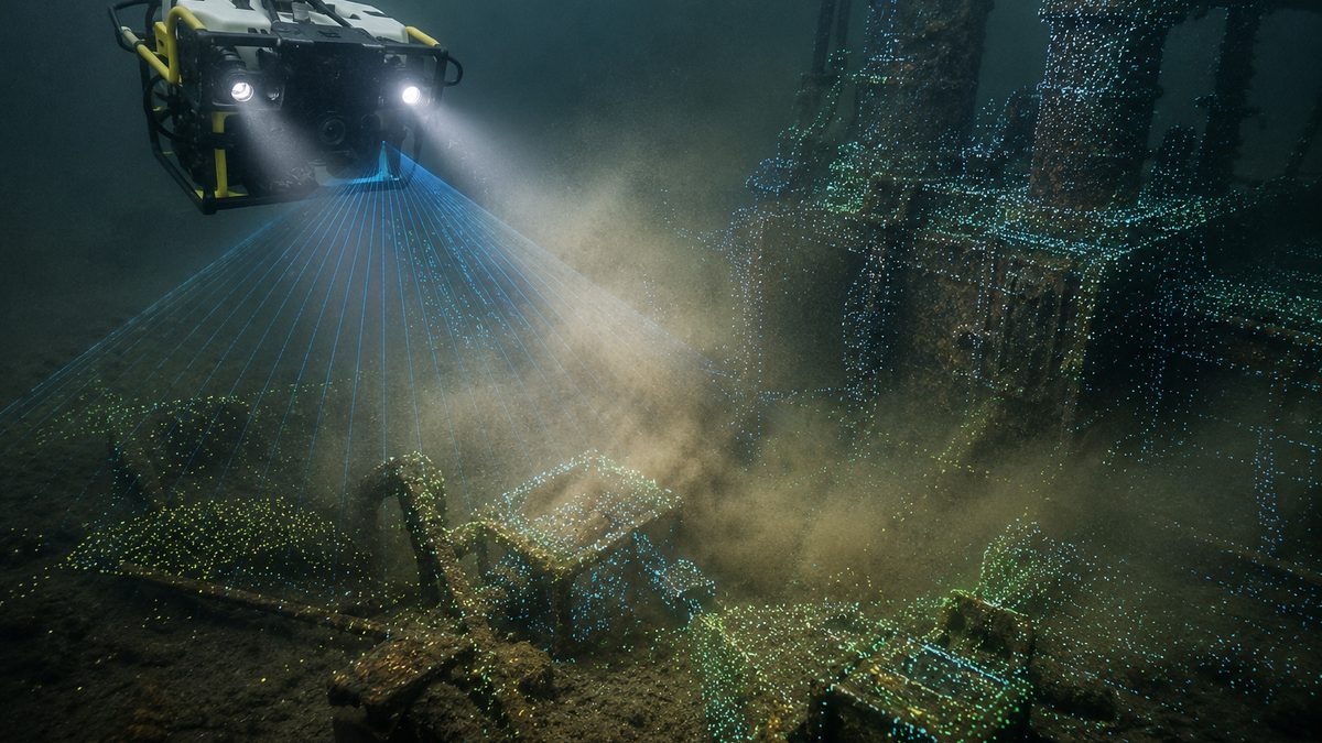 An underwater robot maps murky water using sonar and camera sensors.