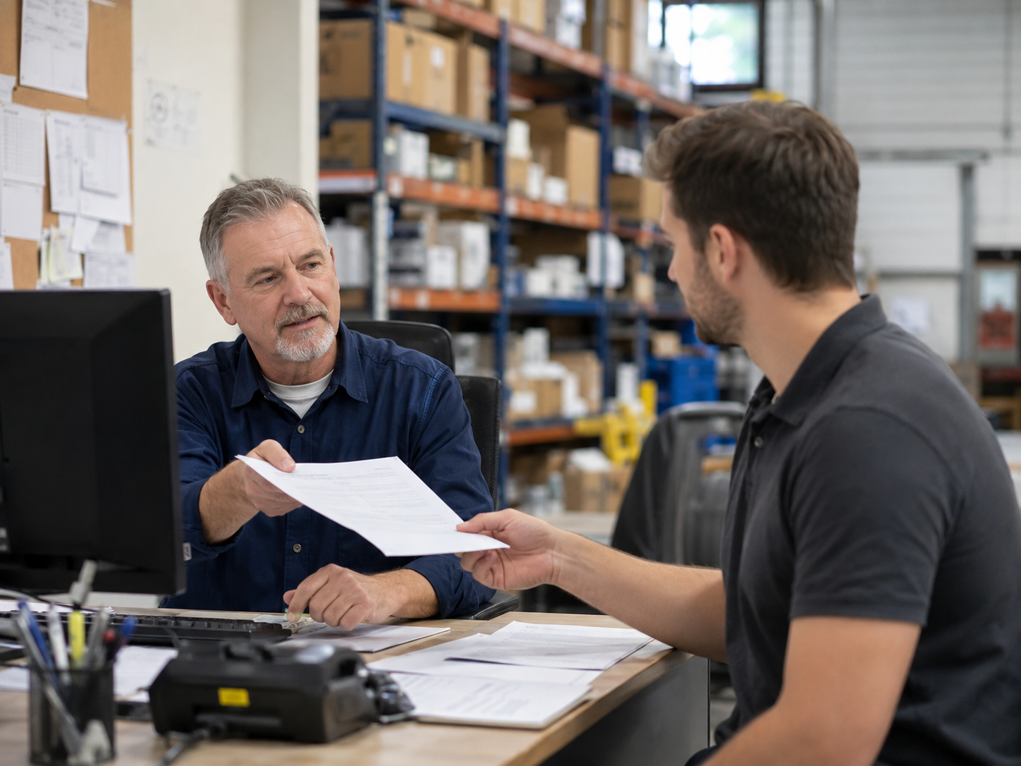 Older worker and younger colleague reviewing paperwork in a workplace.