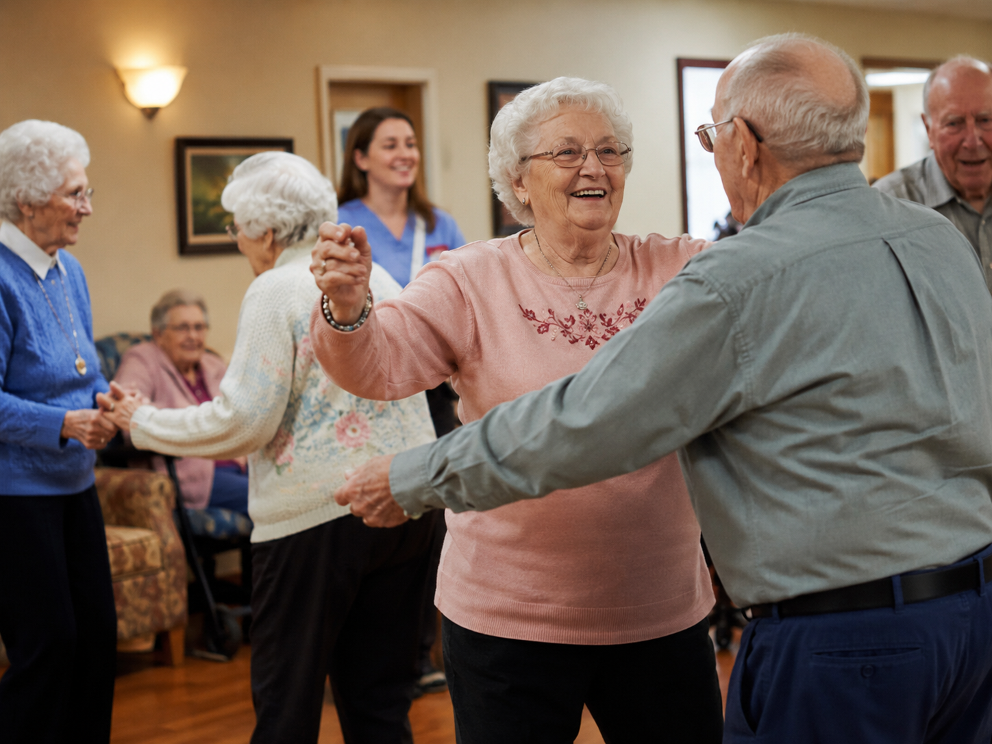 Older adults dancing together in a community room.