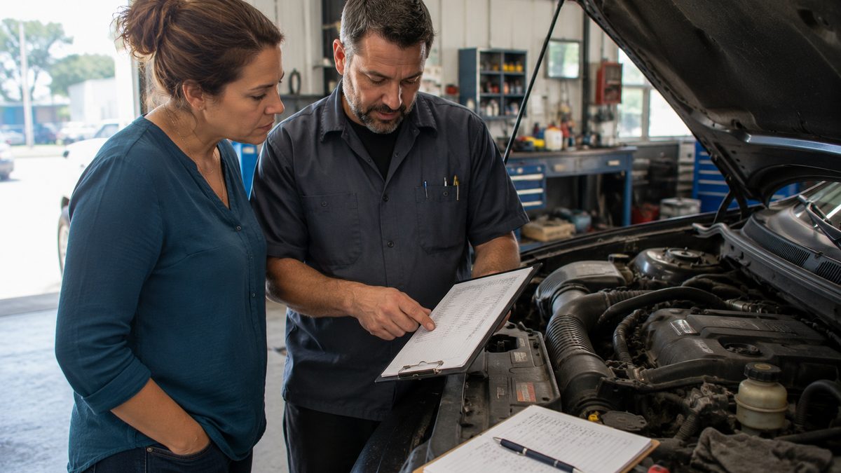 A driver reviews an auto repair estimate with a mechanic beside an open vehicle.