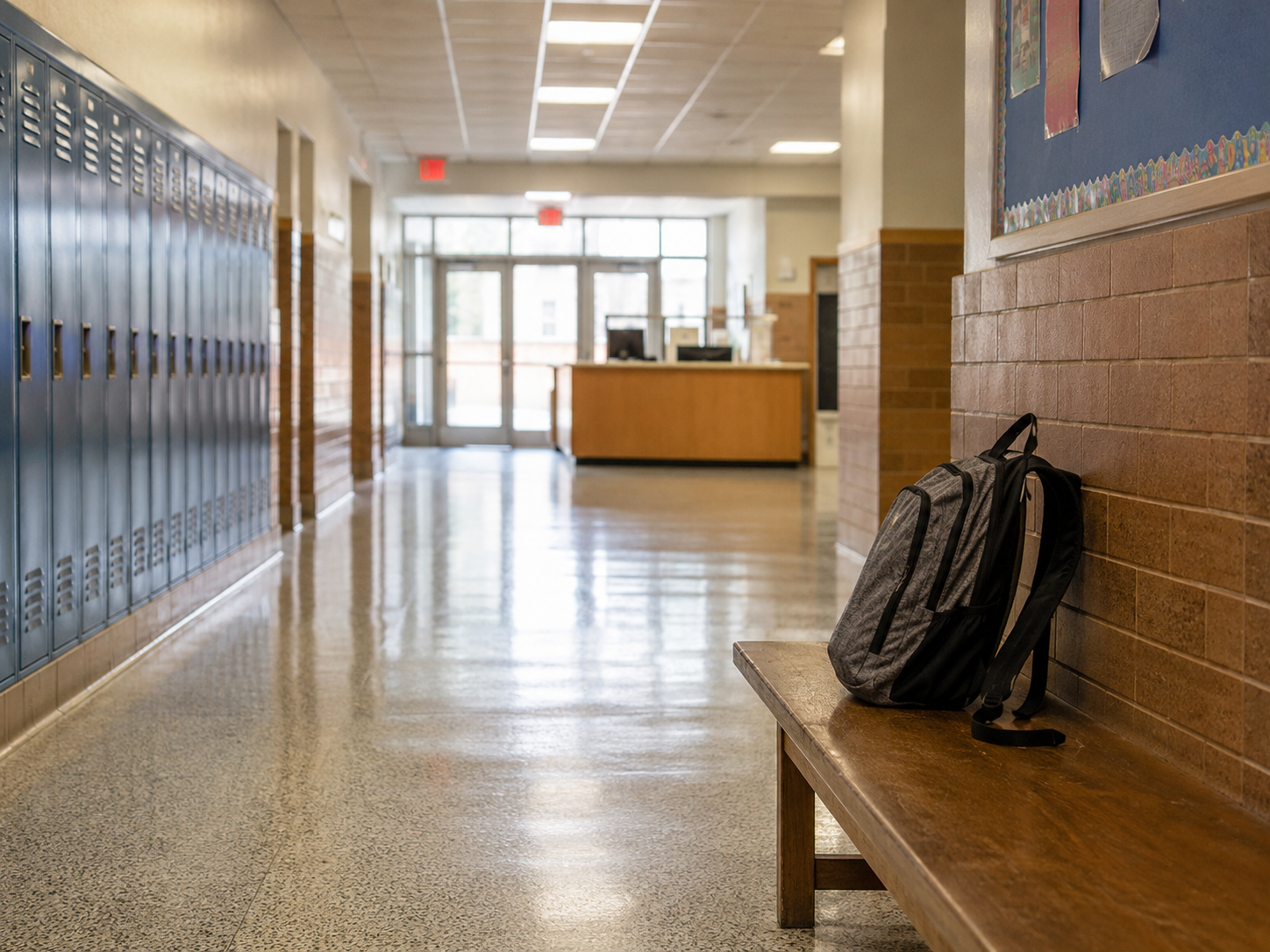 An empty school hallway with a security desk in the distance.
