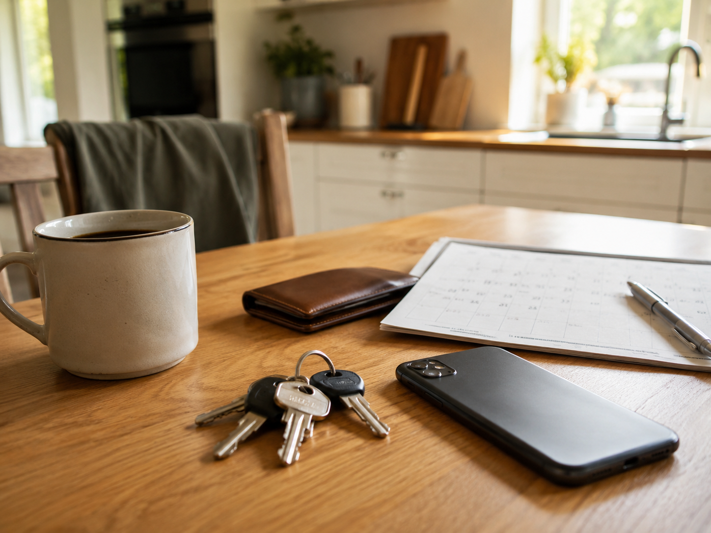 A smartphone face down beside keys, a wallet, and a paper calendar.