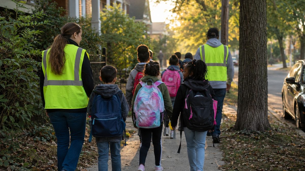 Children with backpacks walk to school on a sidewalk with adult volunteers nearby.