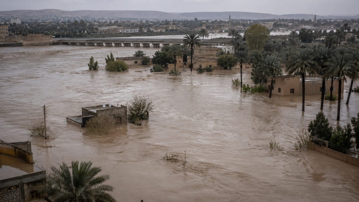 A flooded rural road runs beside damaged farmland and water infrastructure.